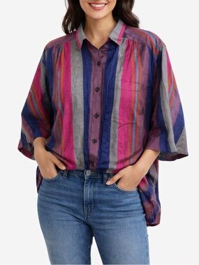 Vintage Style & Smile Womens Silk Button Up Shirt Striped Pink Purple Large